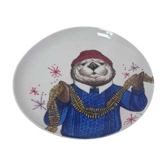West Elm Rachel Kozlowski Dapper Animal Plate Otter Christmas 8.5” Fast Ship - Picture 1 of 13